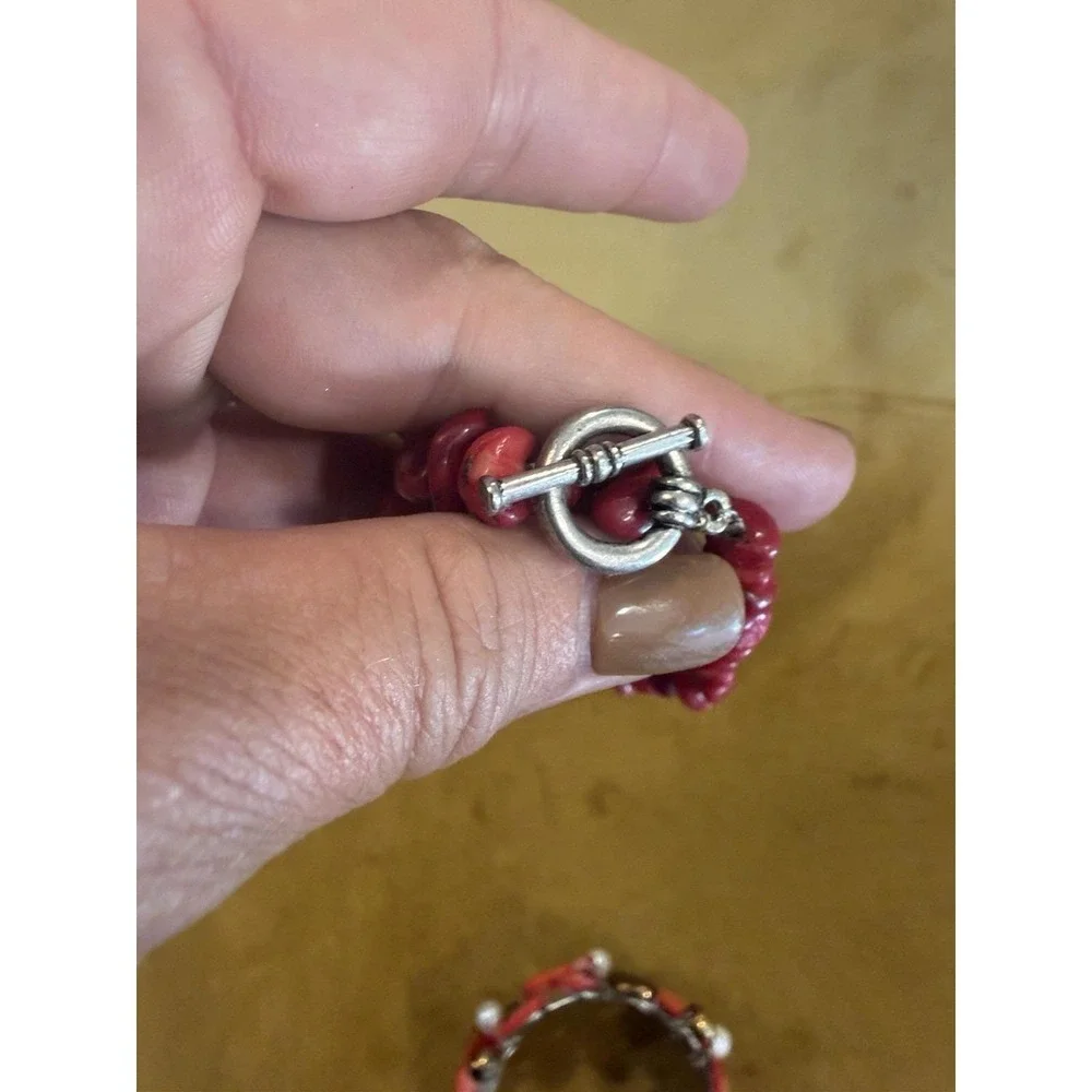 Red Coral Look Chip Bracelet 2 Strand Chunky Boho Statement Toggle Clasp